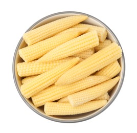 Bowl of pickled baby corn isolated on white, top view