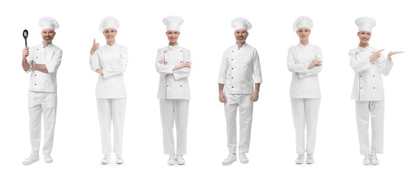 Image of Chefs in uniforms on white background, set with photos