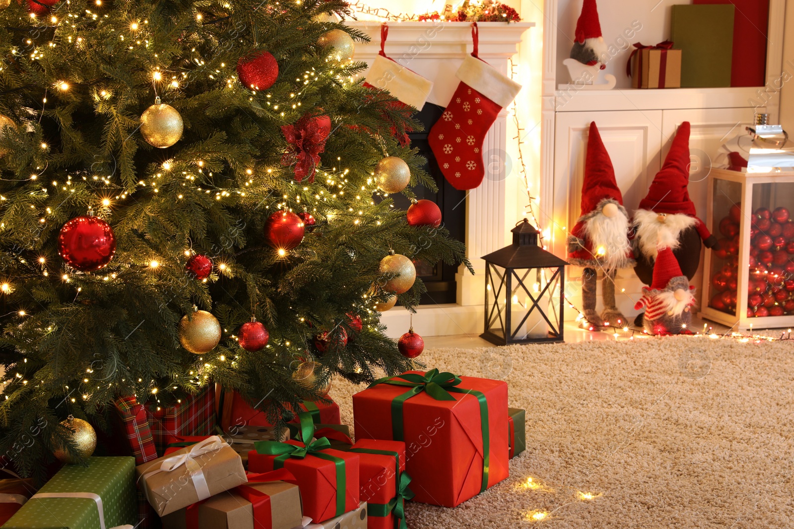 Photo of Living room interior with fireplace and festive decor. Christmas celebration