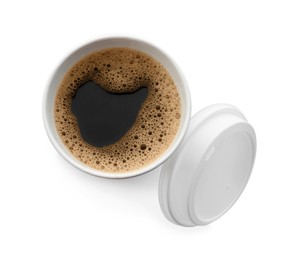 Photo of Aromatic coffee in takeaway paper cup and lid on white background, top view