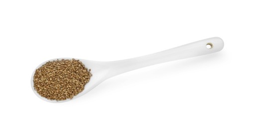 Photo of Spoon of celery seeds isolated on white, top view