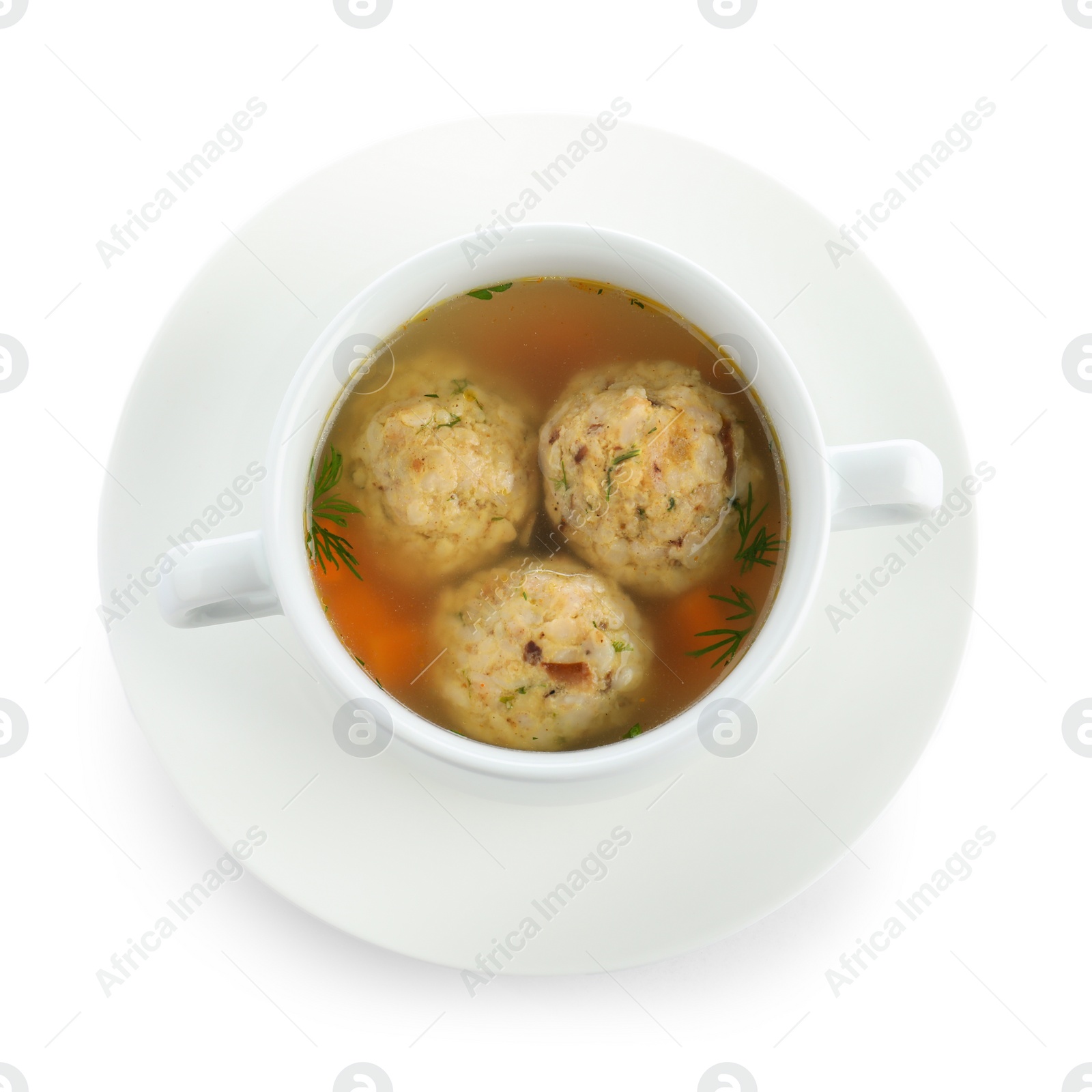 Photo of Bowl of Jewish matzoh balls soup isolated on white, top view