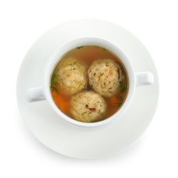 Photo of Bowl of Jewish matzoh balls soup isolated on white, top view