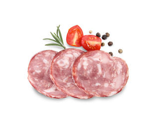 Photo of Slices of delicious smoked sausage, tomato and rosemary isolated on white, top view