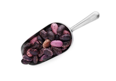 Photo of Metal scoop with dry kidney beans isolated on white, top view