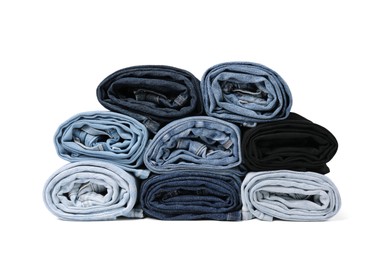 Image of Different stylish rolled jeans isolated on white