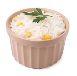 Photo of Delicious rice with corn kernels and parsley isolated on white