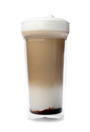 Photo of Hot coffee in reusable glass cup isolated on white
