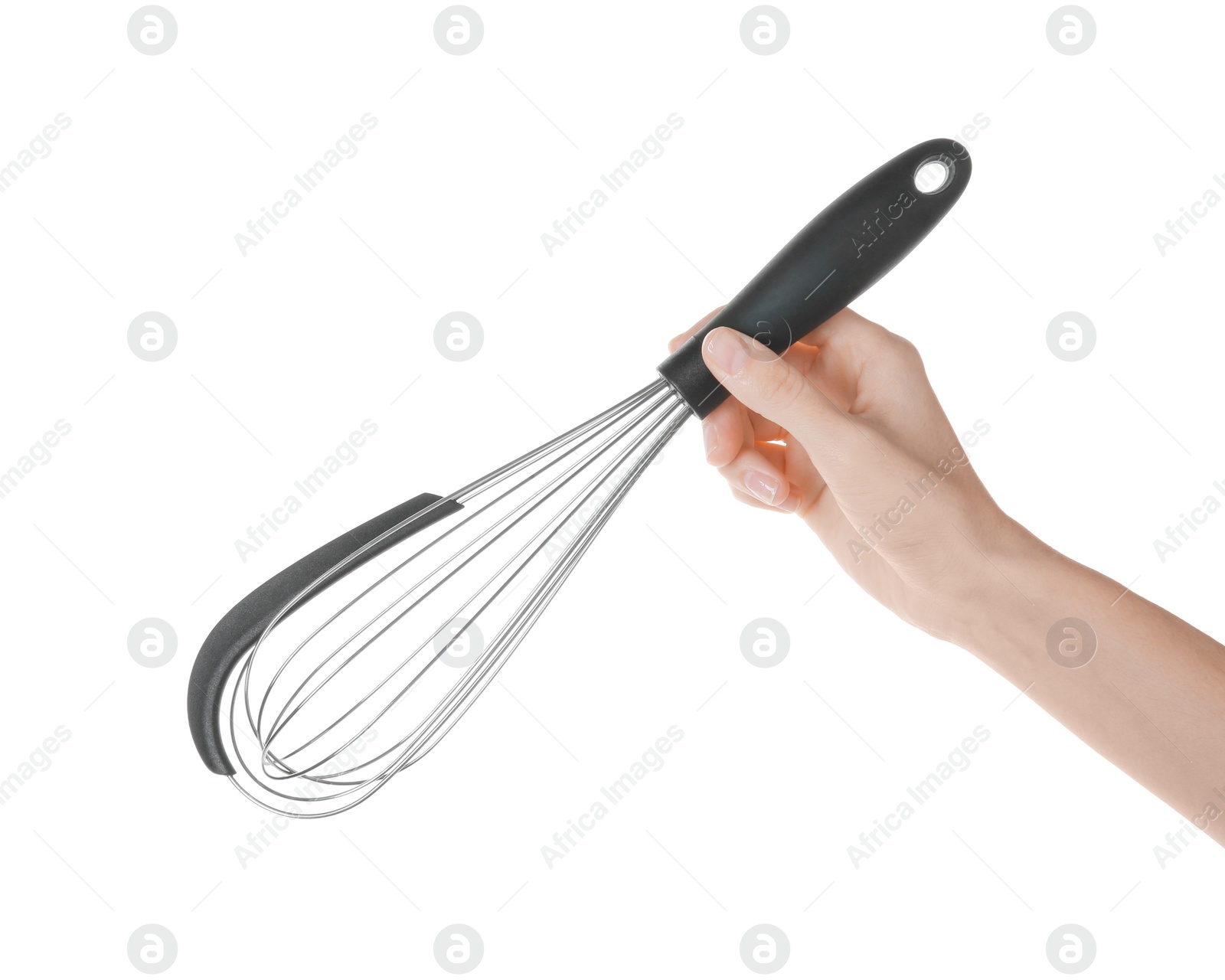 Photo of Woman holding metal whisk on white background, closeup