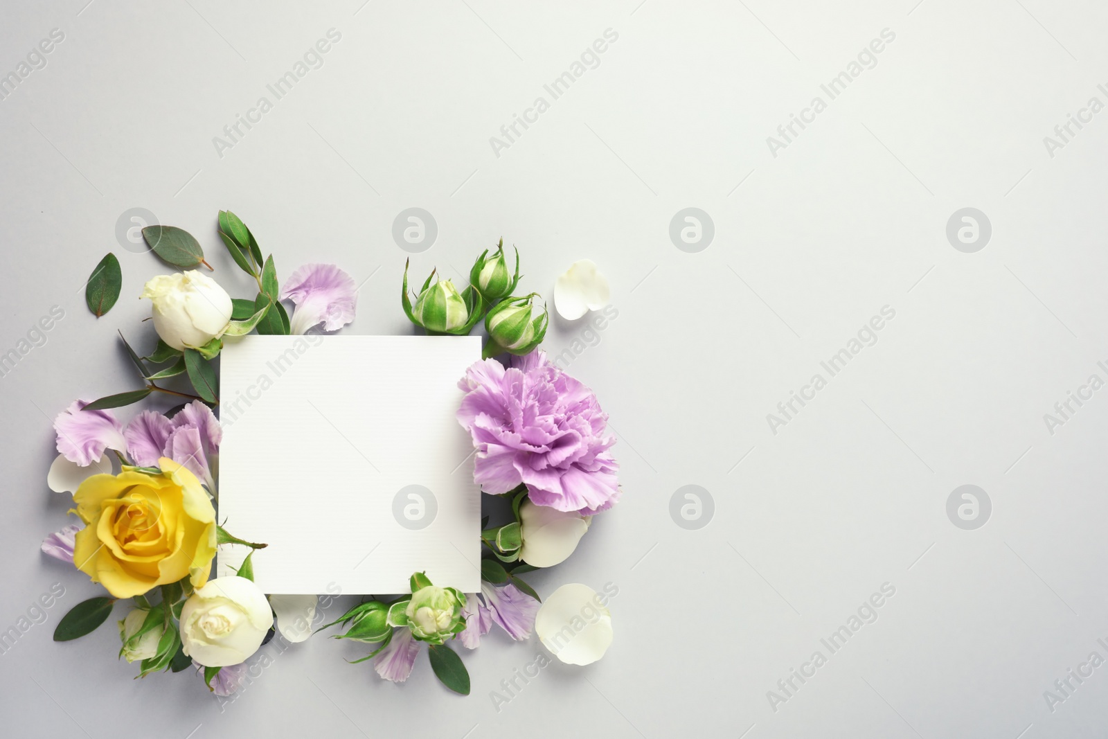 Photo of Flat lay composition with beautiful blooming flowers on grey background