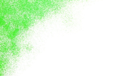 Photo of Green glitter on white background, top view