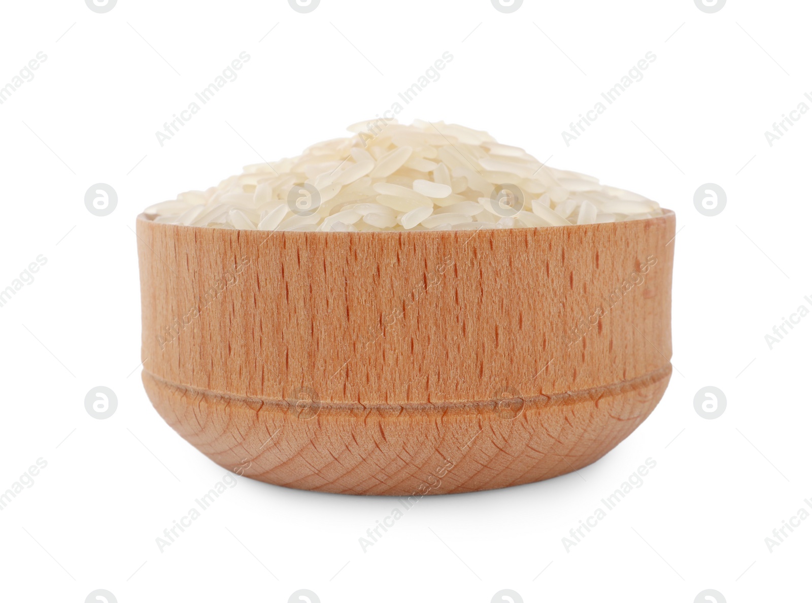 Photo of Bowl with raw rice isolated on white