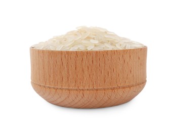 Photo of Bowl with raw rice isolated on white