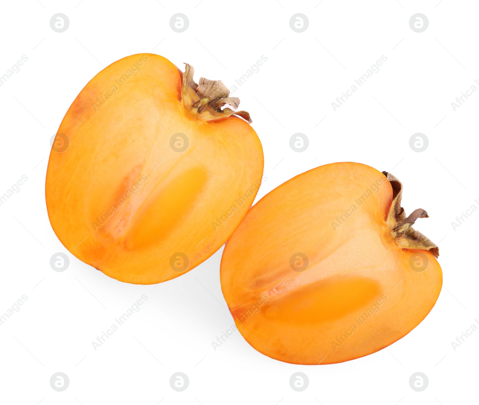 Photo of Pieces of fresh persimmon fruit isolated on white, top view