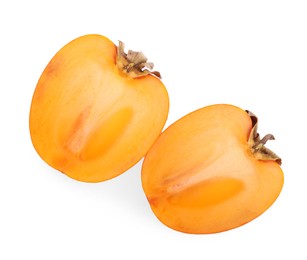 Photo of Pieces of fresh persimmon fruit isolated on white, top view