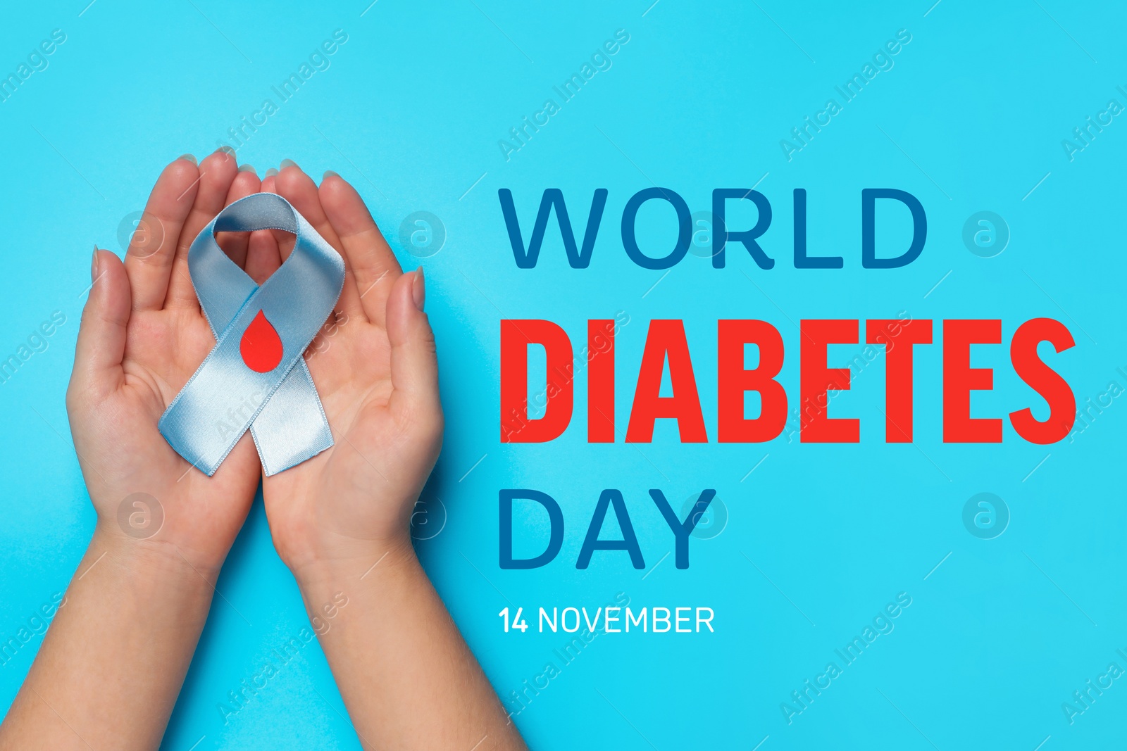 Image of World Diabetes Day. Woman holding light blue ribbon with paper blood drop on color background, top view