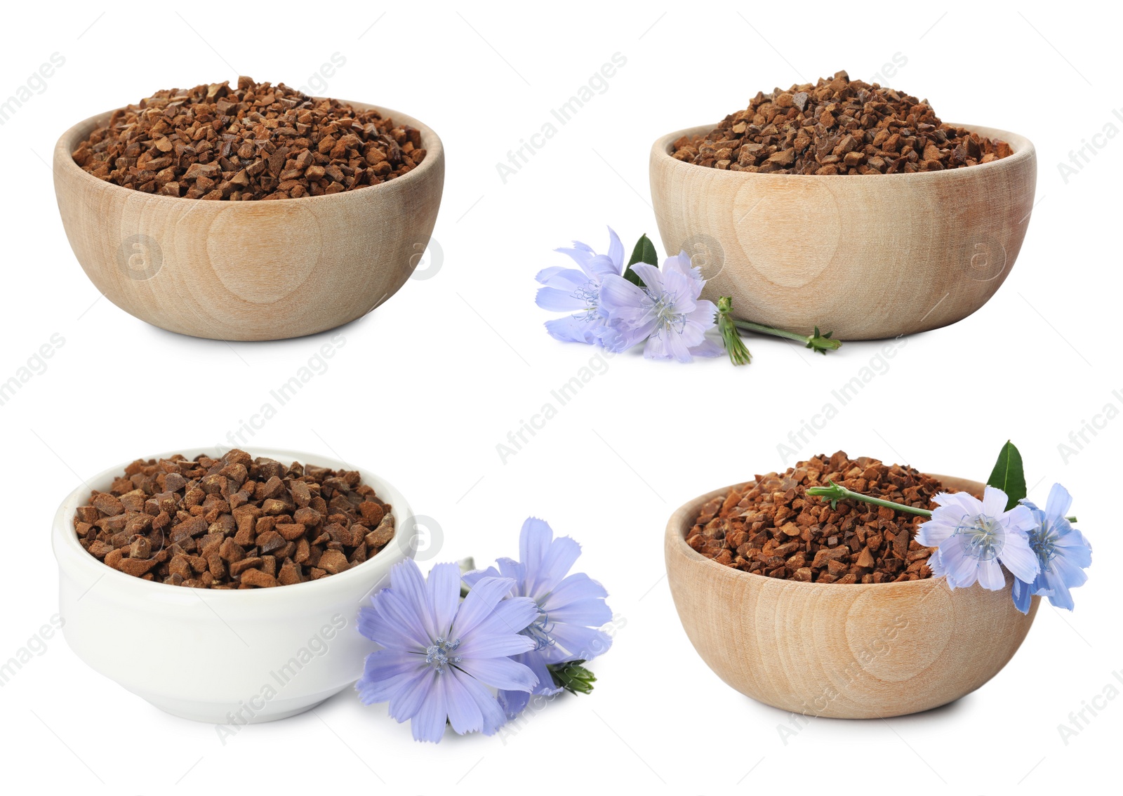 Image of Set with chicory granules in bowls on white background 