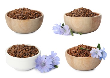 Image of Set with chicory granules in bowls on white background 