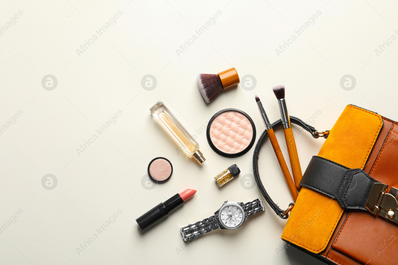 Photo of Flat lay composition with decorative cosmetics on color background