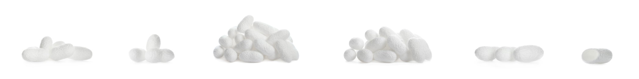 Image of Set with natural silkworm cocoons on white background. Banner design