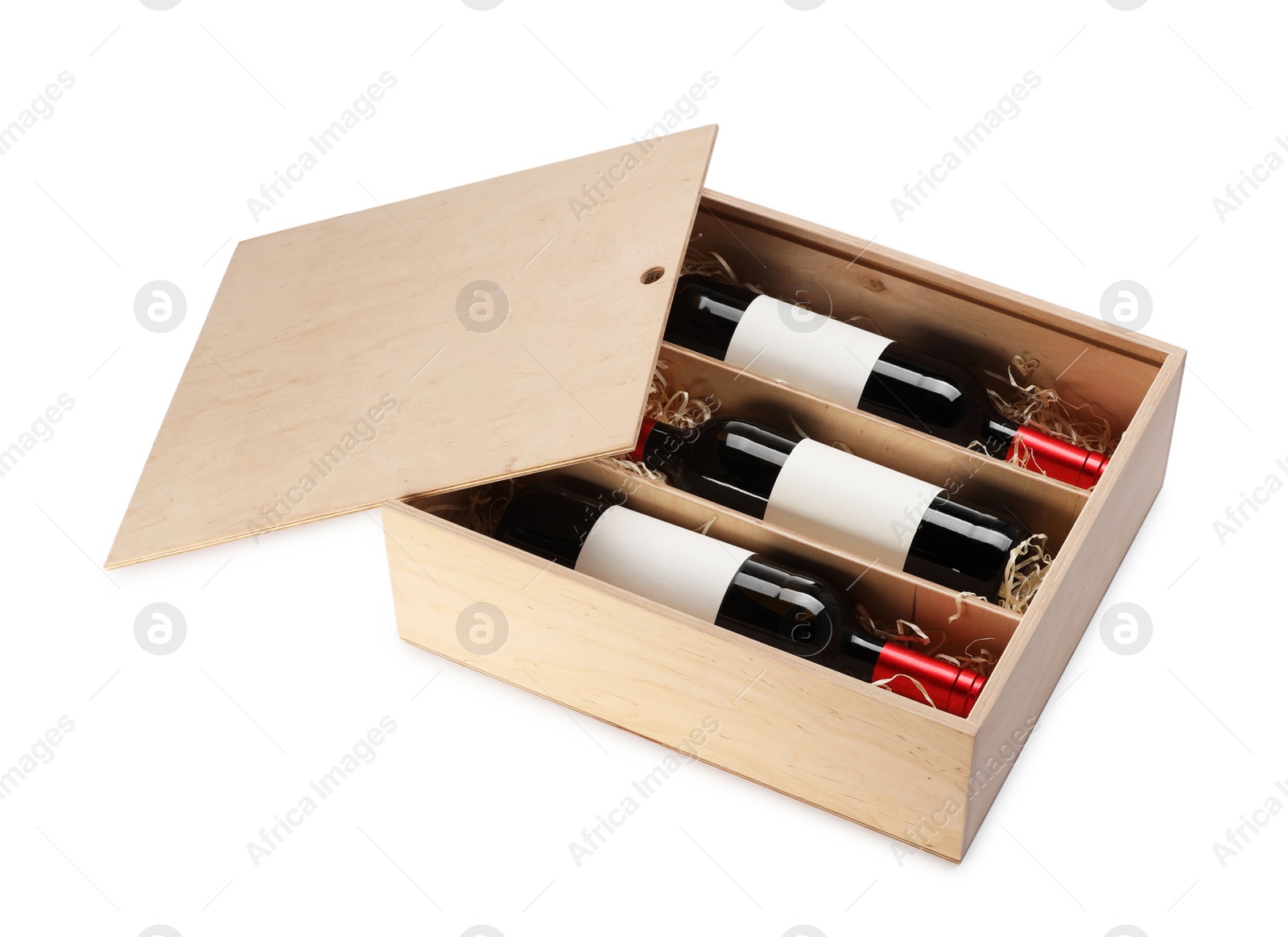 Photo of Wooden gift box with wine bottles isolated on white