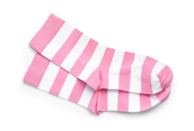 Photo of Pair of striped pink socks on white background, top view
