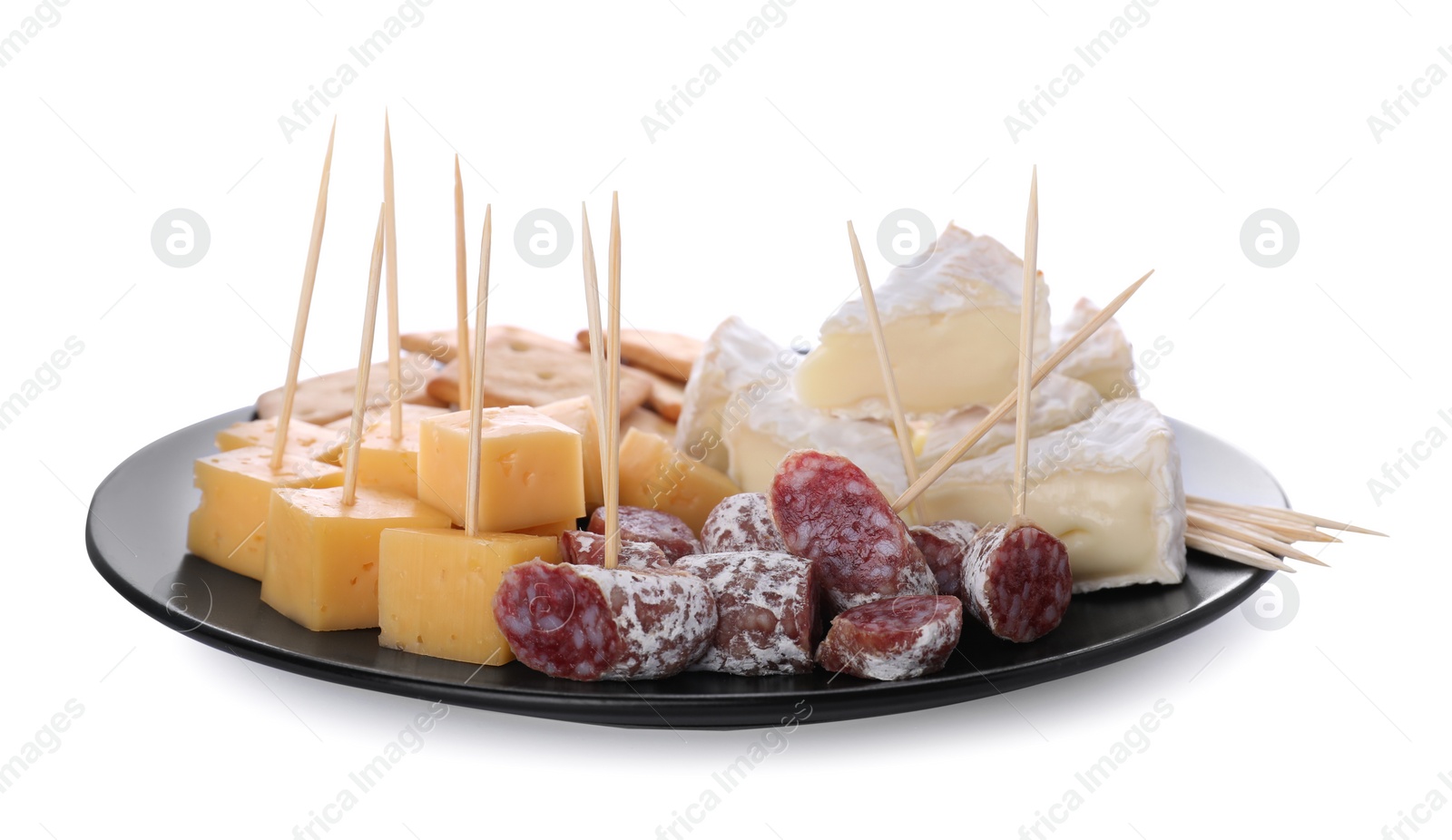 Photo of Toothpick appetizers. Tasty cheese, sausage, and crackers on white background