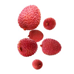 Image of Many lychees falling on white background. Exotic fruit