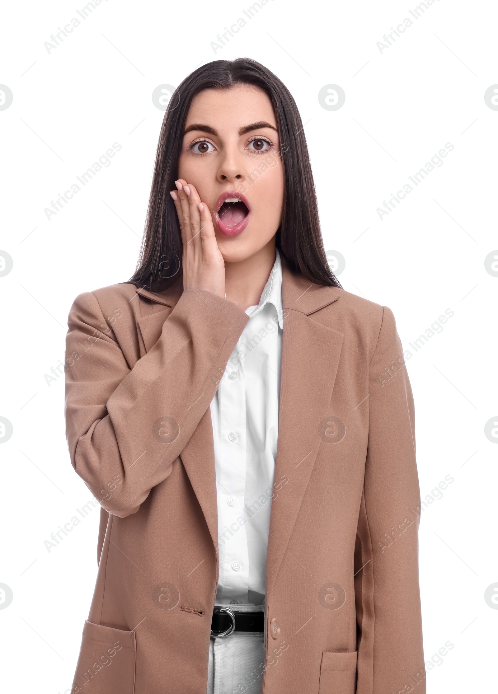 Photo of Beautiful emotional business woman on white background