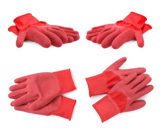 Image of Red gardening gloves isolated on white, views from different angles