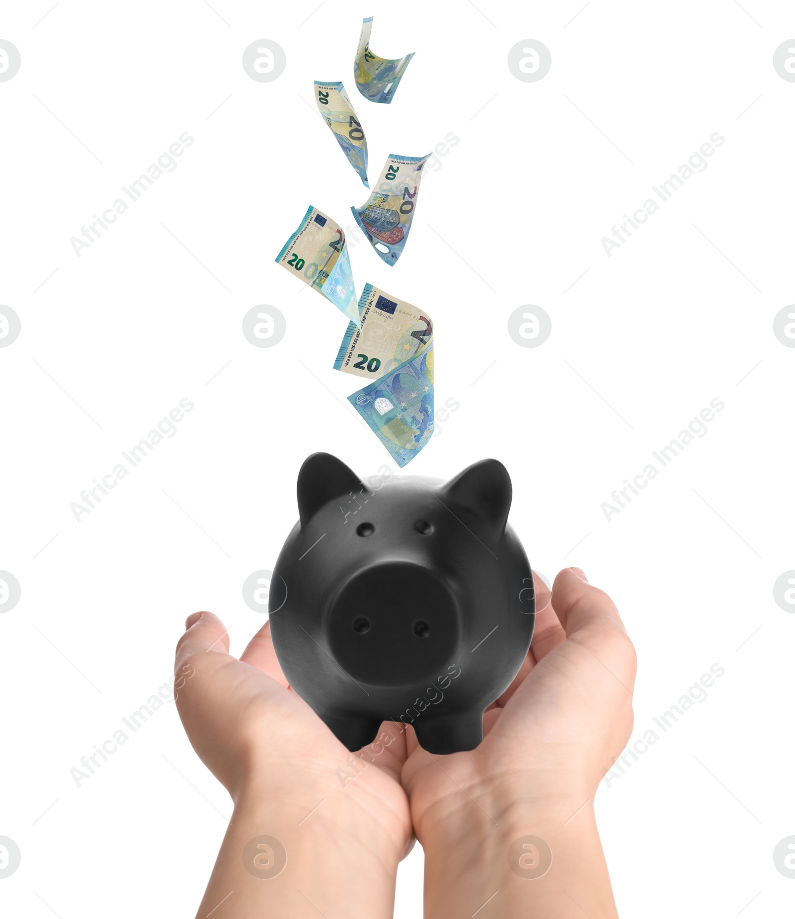 Image of Woman and Euro banknotes falling into piggy bank on white background, closeup 