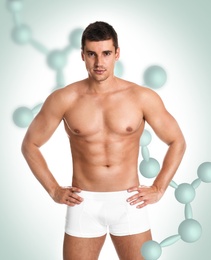 Image of Metabolism concept. Man with slim body and molecular chains on light background