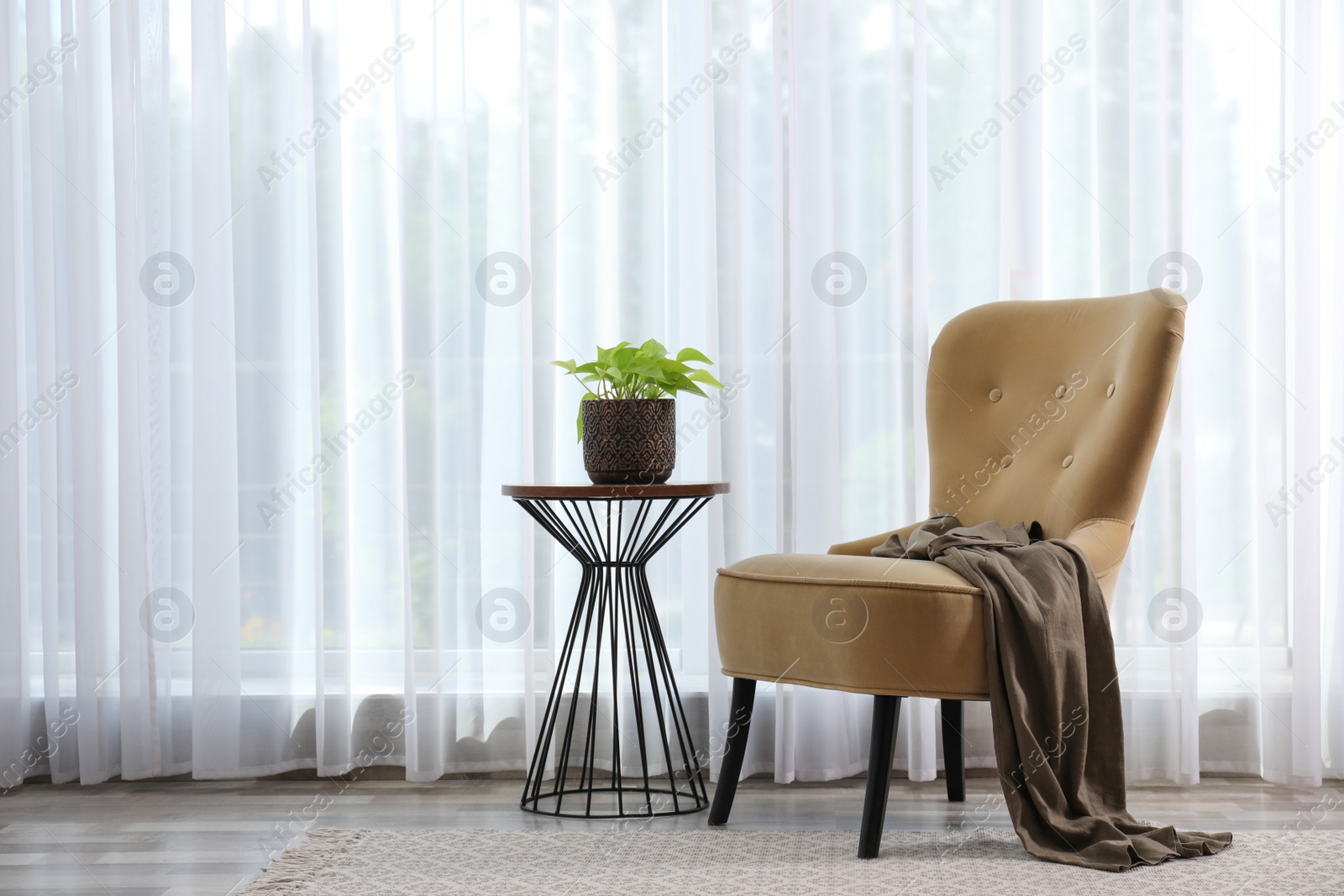 Photo of Comfortable armchair with clothes and beautiful plant near window indoors