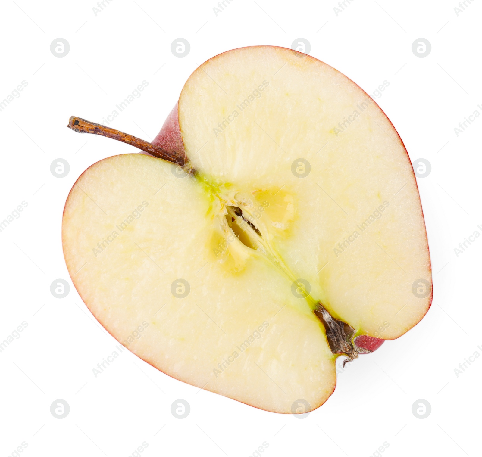 Photo of Half of ripe red apple on white background, top view