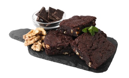 Photo of Delicious chocolate brownies with nuts on white background