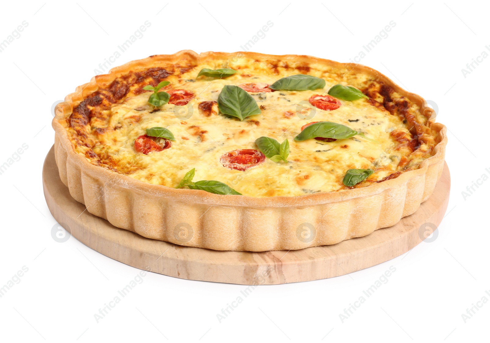 Photo of Delicious quiche with cheese, tomatoes and basil isolated on white