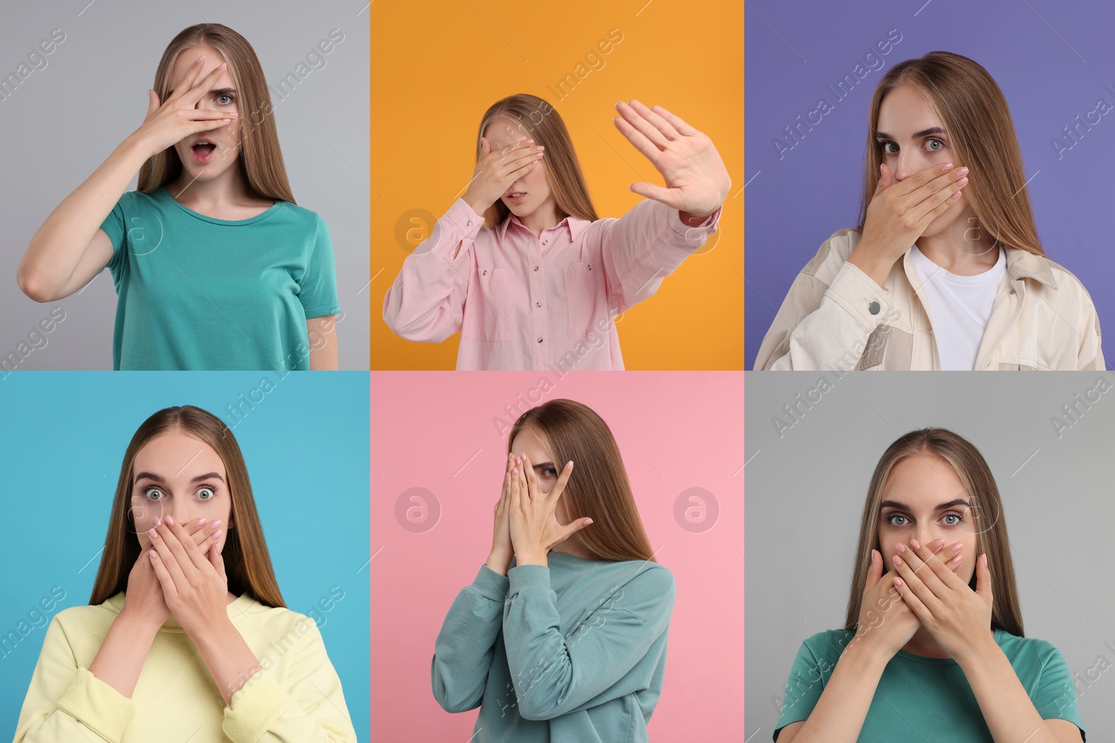 Image of Collage with photos of embarrassed woman on different color backgrounds