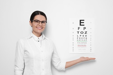 Photo of Ophthalmologist showing vision test chart on white wall