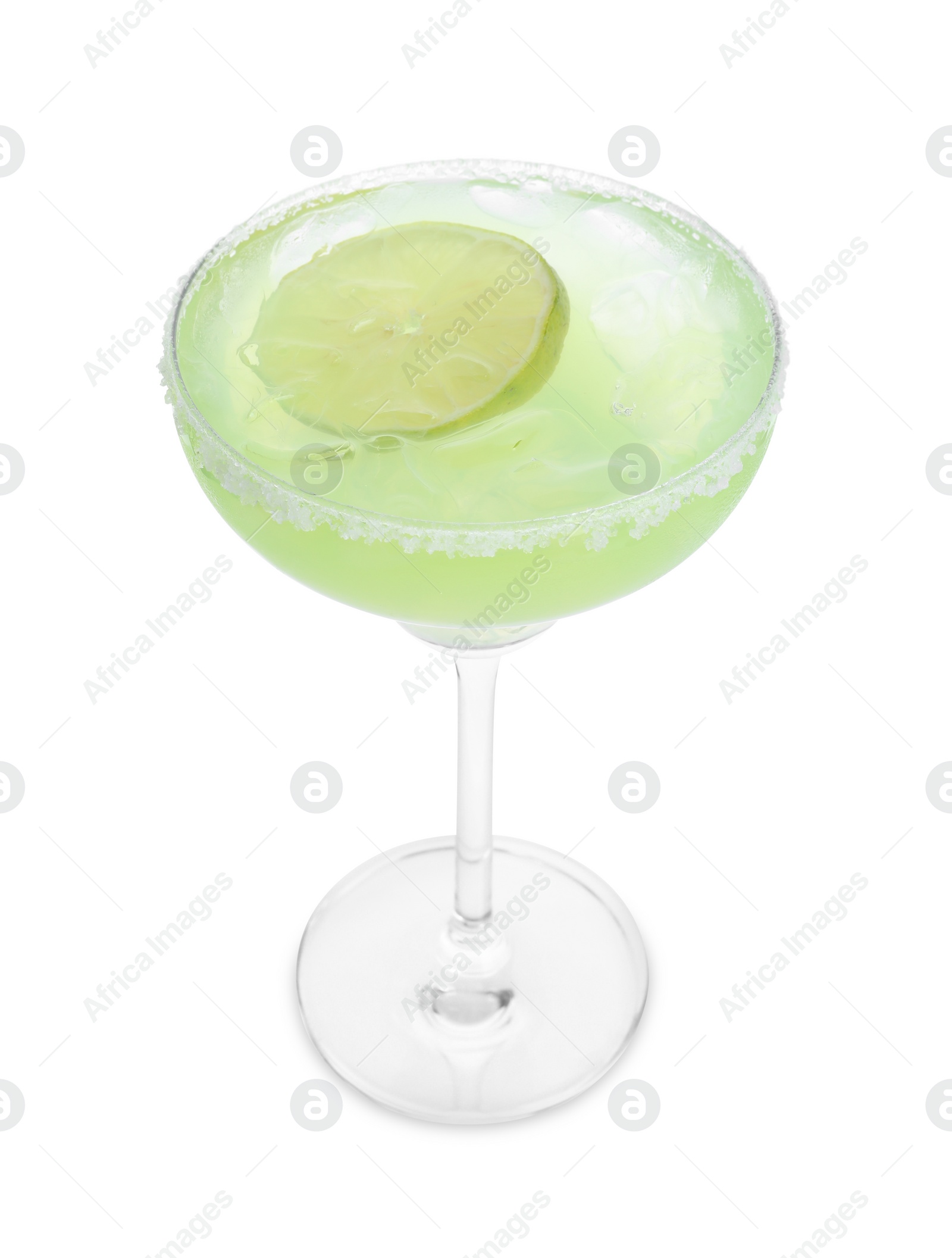 Photo of Delicious Margarita cocktail in glass isolated on white