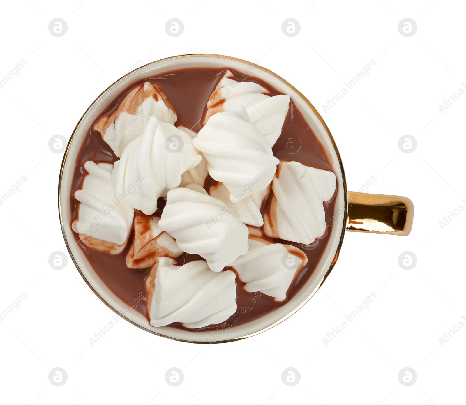 Photo of Cup of delicious hot chocolate with marshmallows isolated on white, top view