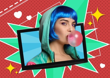 Hype, creative artwork. Woman in colorful wig blowing bubblegum and sticking out of monitor on bright comic background