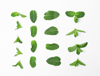 Flat lay composition with fresh green mint leaves on white background