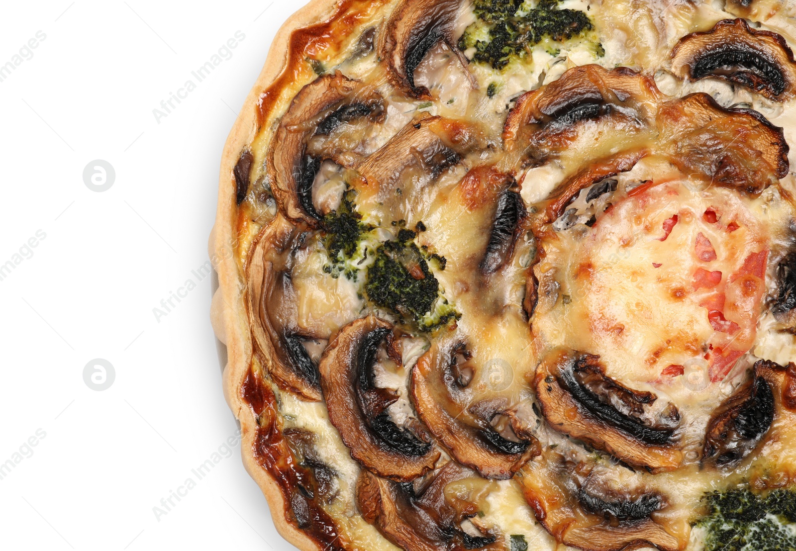 Photo of Delicious quiche with mushrooms isolated on white, top view