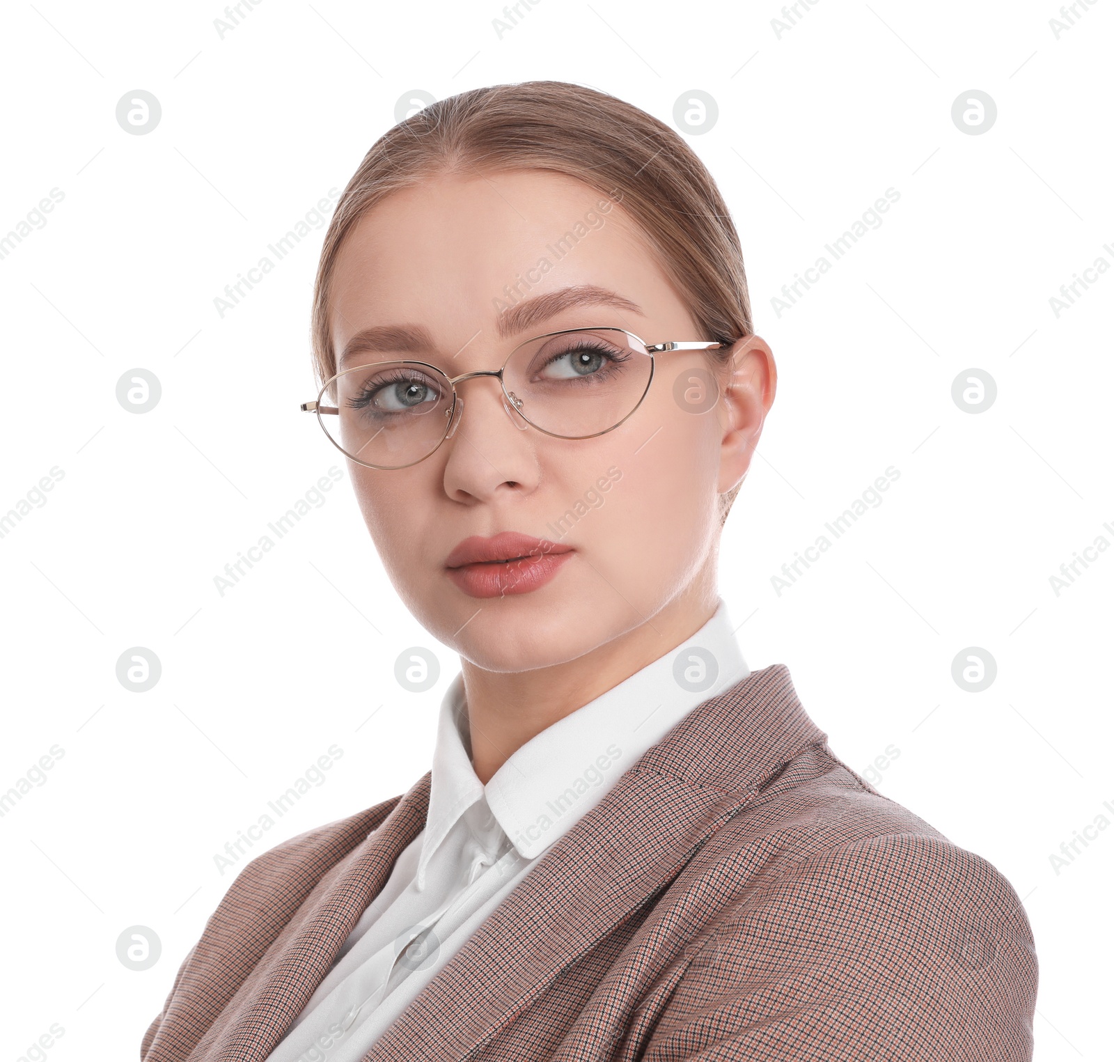 Photo of Portrait of young businesswoman on white background