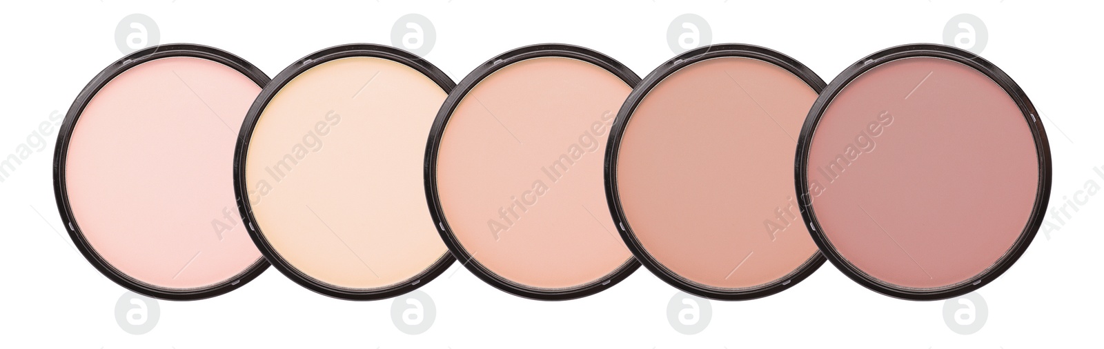 Image of Compact face powders of different shades isolated on white, collection. Top view