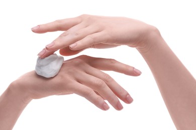 Photo of Woman with cleansing foam on hands against white background, closeup