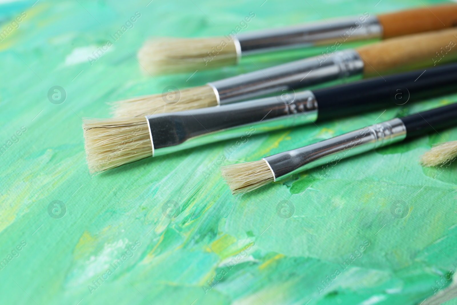 Photo of Set of different brushes on abstract colorful paint, closeup