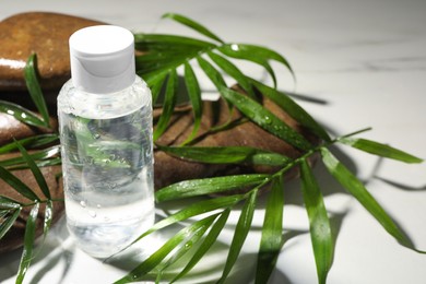 Photo of Bottle of micellar cleansing water, green twigs and spa stones on white table, closeup. Space for text
