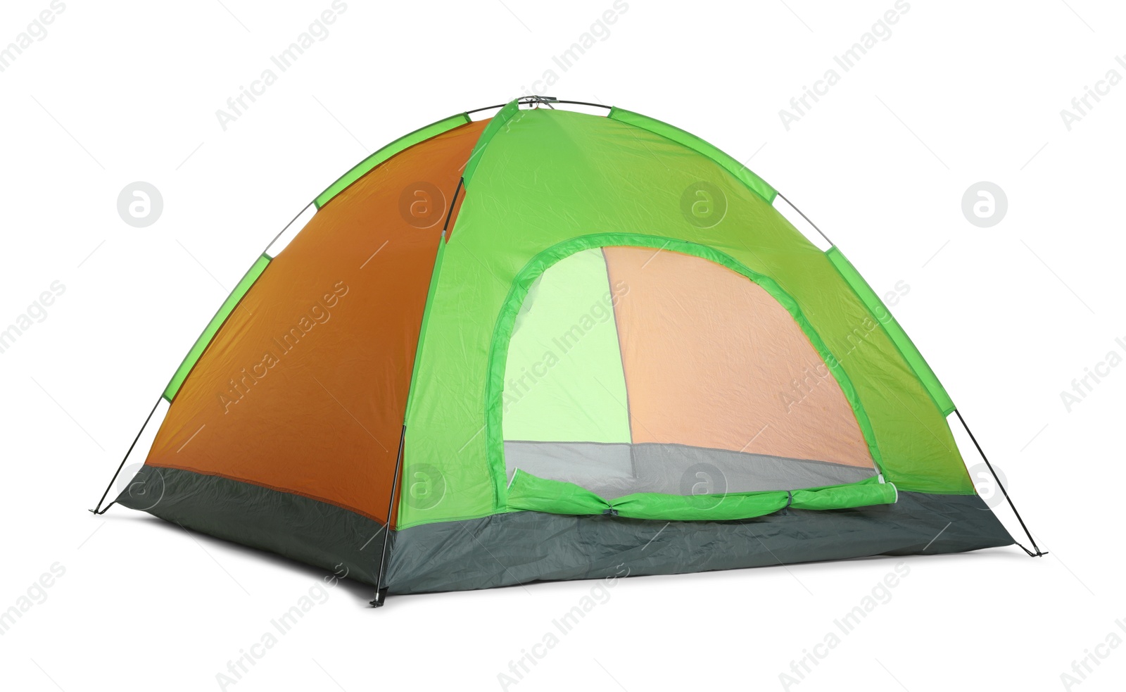 Photo of Bright colorful camping tent on white background