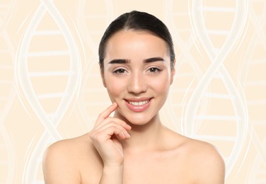 Beautiful young woman against beige background with illustration of DNA chains